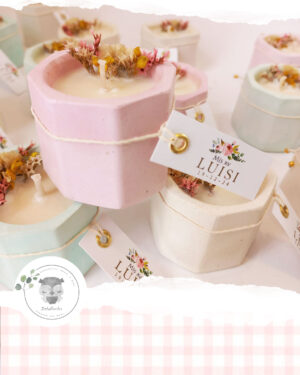 STOCK INMEDIATO - OUTLET - Porta Velas Yeso + Vela Soja + TARJETA PERSONALIZADA + Flores secas